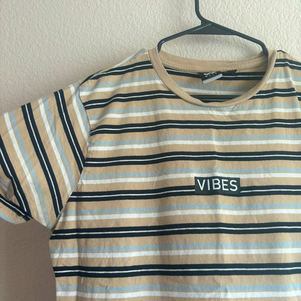 Tan and baby blue large stripped vibes tshirt